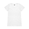 A plain white t-shirt with a round neckline and short sleeves. It features a branding logo on the tag.