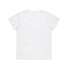 A plain white T-shirt with a simple design, featuring a logo on the front.