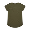 An olive green t-shirt with a rounded hem and short sleeves. The back view features a simple design and logo.