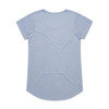 A light blue t-shirt with a rounded hem and short sleeves, featuring a logo on the back.