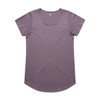 A purple t-shirt with a scoop neck and short sleeves, featuring a branding label.