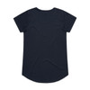 A dark navy blue T-shirt with short sleeves and a rounded hem, featuring a logo.