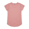 A pink T-shirt with a rounded neckline and short sleeves, featuring a small logo on the label.