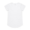 A white short-sleeved t-shirt with a rounded hem and a small logo on the back.