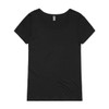 A black T-shirt with a shallow scoop neckline and short sleeves, featuring a tag inside.