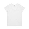 A white v-neck t-shirt with short sleeves, featuring a branding logo inside the collar.