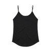 A black singlet with thin straps and a curved hem, featuring a logo.