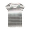 A striped T-shirt featuring horizontal black and white stripes, with a V-neck design and short sleeves.