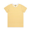 A striped T-shirt featuring white and yellow horizontal stripes, with a crew neckline and short sleeves.