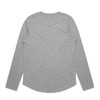 A long-sleeved grey T-shirt with a curved hem and a brand logo on the back.