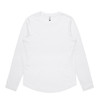 A long-sleeve white t-shirt with a rounded hem and a small logo on the collar.