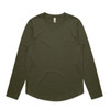 A long-sleeve T-shirt in olive green, featuring a simple design and a subtle logo.