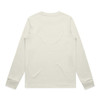 A long-sleeve off-white t-shirt with a plain back and a subtle logo on the lower side.