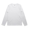A long-sleeve white T-shirt with a round neckline and a branding logo.