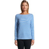 A long-sleeve blue and white striped T-shirt featuring a round neckline and fitted silhouette. It has a logo on it.