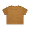 A cropped tee in a warm mustard colour, featuring a plain back design and a logo.