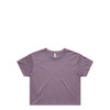 A cropped T-shirt in a soft lavender colour with a round neckline and short sleeves. It features a logo tag.