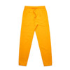 A pair of bright yellow track pants with an elastic waistband and pockets, featuring a logo.