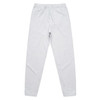 A pair of light grey track pants with an elastic waistband and side pockets. Features a logo at the front.