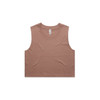A cropped tank top in a warm tan colour, featuring a simple design and a crew neckline. It has a logo on the label.