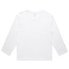 A white long-sleeve t-shirt with a crew neckline and a label inside, featuring a logo on the side.