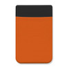 An orange Lycra phone wallet with a black top section, featuring a logo.