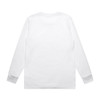 A white long-sleeve T-shirt with a plain back and cuffs, featuring a logo on the front.