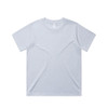 A light blue t-shirt with a round neckline and short sleeves, featuring a logo on the label.