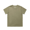 A khaki green T-shirt with a classic crew neckline. It features a label inside the neckline and has no visible graphics.