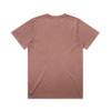 A faded taupe t-shirt with a plain back and short sleeves, featuring a branding logo.