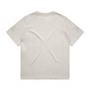 A beige t-shirt with a relaxed fit and a subtle textured appearance on the back. It has a logo.