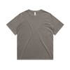 A grey faded T-shirt with a relaxed fit and short sleeves. It features a simple design and has a logo.