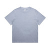 A light blue, heavy faded T-shirt featuring a classic crew neck design and a branding label.