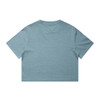A light blue, cropped t-shirt featuring a plain back and short sleeves, with a logo present.