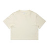 A cream-coloured cropped t-shirt with short sleeves and a round neckline. It has a logo on one side.