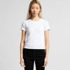 A white ribbed t-shirt with short sleeves, paired with black trousers. The shirt has a simple design and branding.