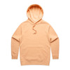 A peach-coloured hoodie with a kangaroo pocket and a drawstring hood, featuring a logo.