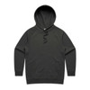 A dark grey hoodie with a front pocket and drawstring hood. It features a logo on the design.