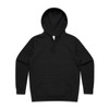 A black hoodie featuring a front pocket and a hood, with a small logo on it.
