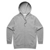 A grey zip hoodie featuring a hood and a front zip closure. It includes a branding logo.