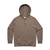 A brown hoodie featuring a front pocket and adjustable drawstring hood. It has a logo on the front.