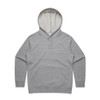A grey hoodie featuring a front pocket and a light-coloured inner hood. It includes a logo on the garment.