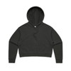 A cropped hoodie in dark grey, featuring a hood and long sleeves. It has a simple design with no visible logos.