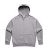 A grey zip-up hoodie with a hood and front pockets, featuring a branding logo on the fabric.
