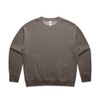 A faded crew jumper in a muted grey colour, featuring a simple design and a logo.