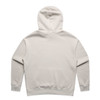 A faded cream hoodie with a drawstring hood and long sleeves, featuring a branding logo.