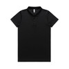 A black polo shirt with a collar, short sleeves, and a button placket. It features a logo on the chest.