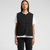 A black quilted vest with a round neckline and button closure, worn over a white t-shirt.