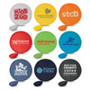 A set of nine colorful flying discs, each featuring a different logo or design, arranged in a grid layout.