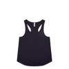A black racerback singlet with a rounded hem and a minimal design, featuring a logo.